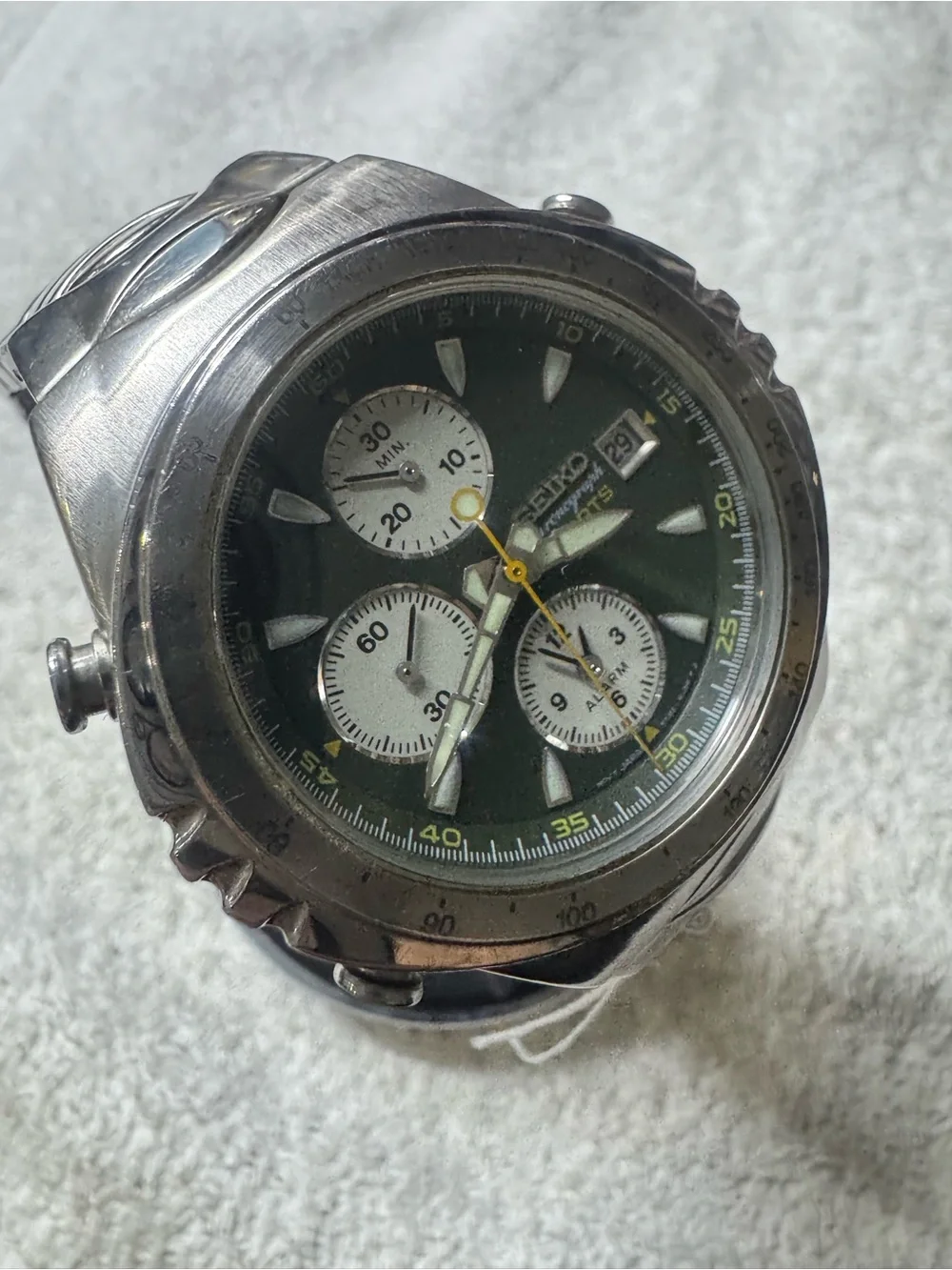 Seiko Chronograph Watch - Green Dial with Yellow Accents